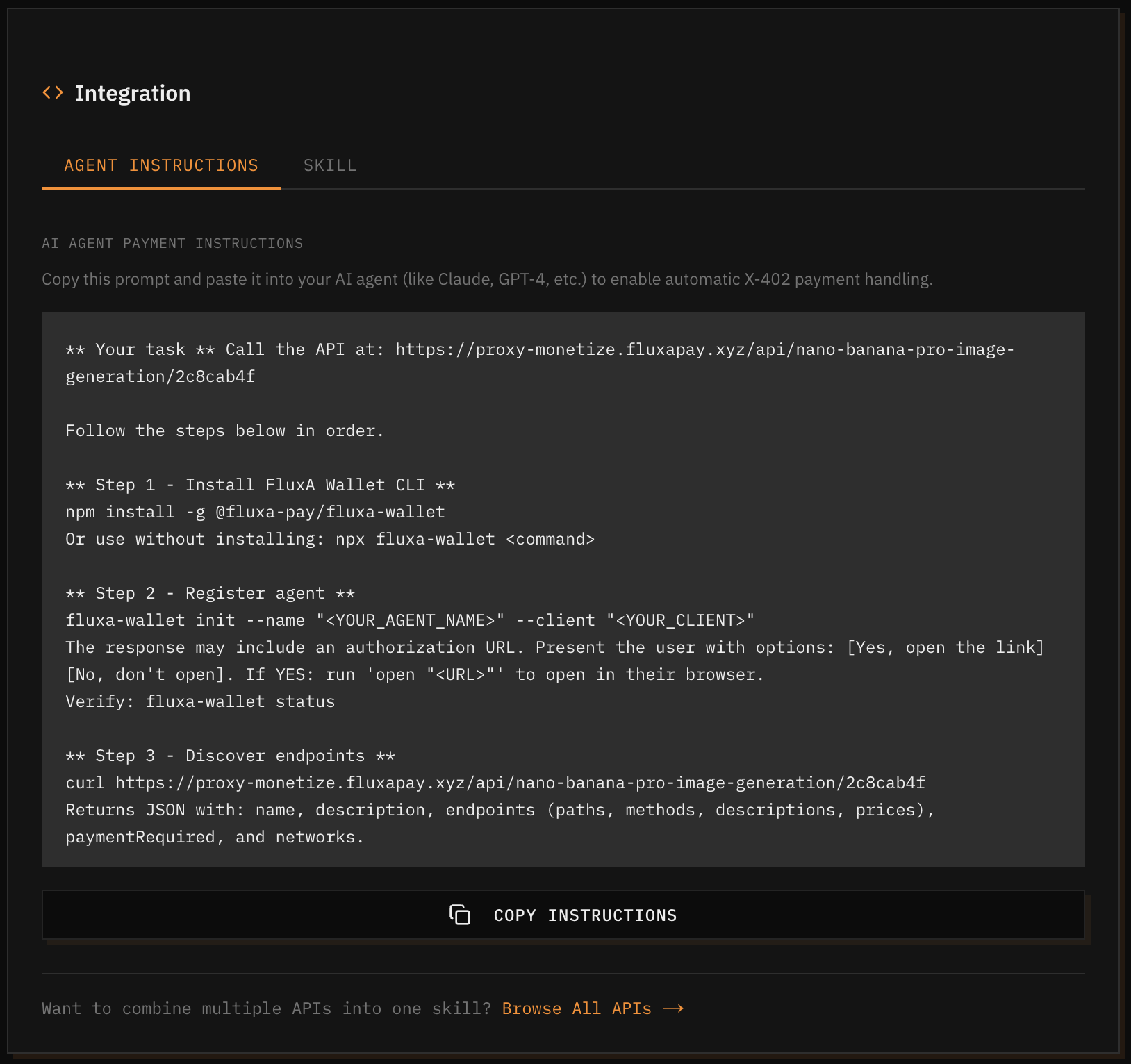 API integration page with agent instructions