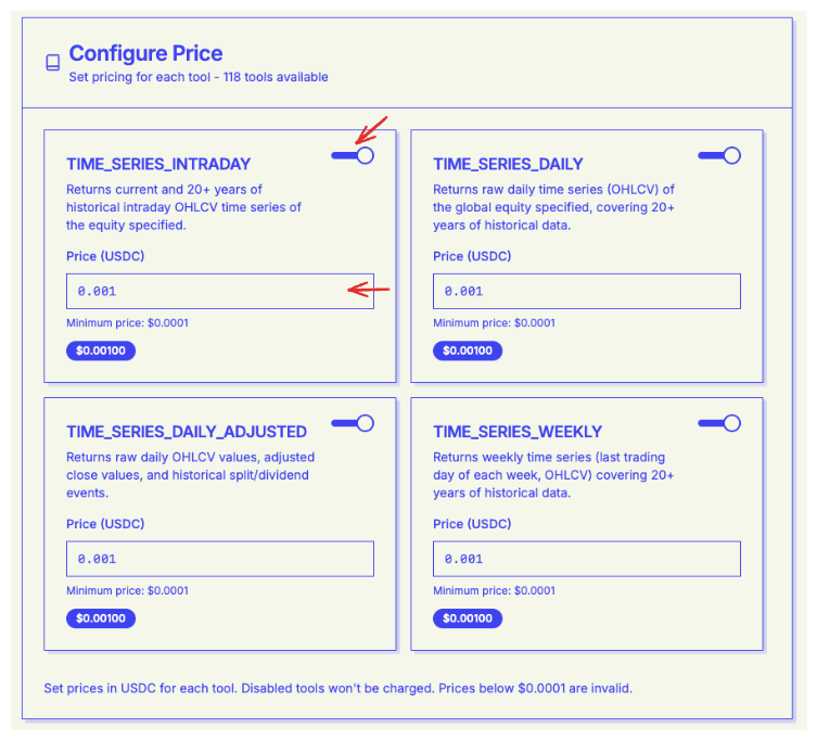 Tool pricing configuration page