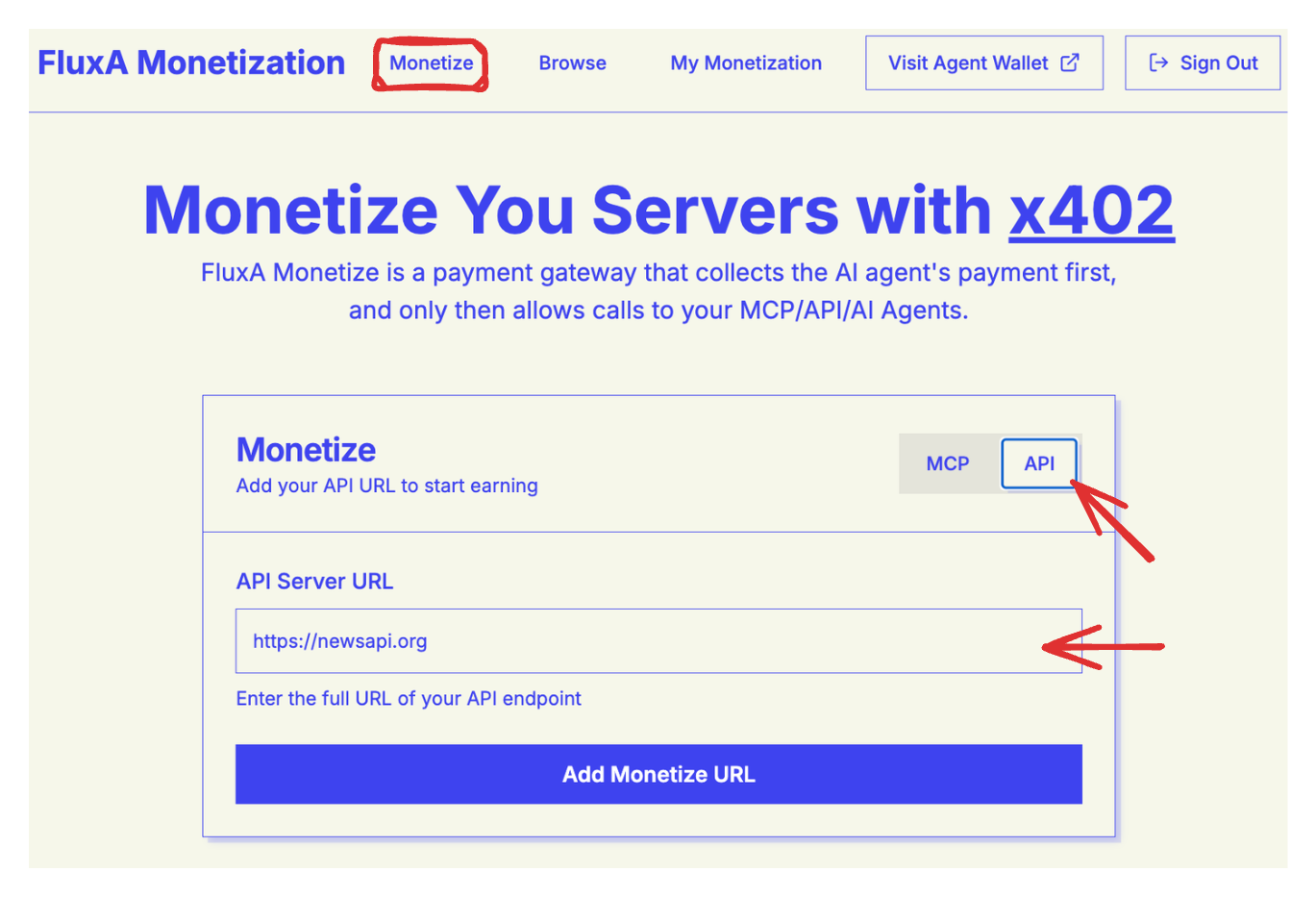 Home page with API server address input