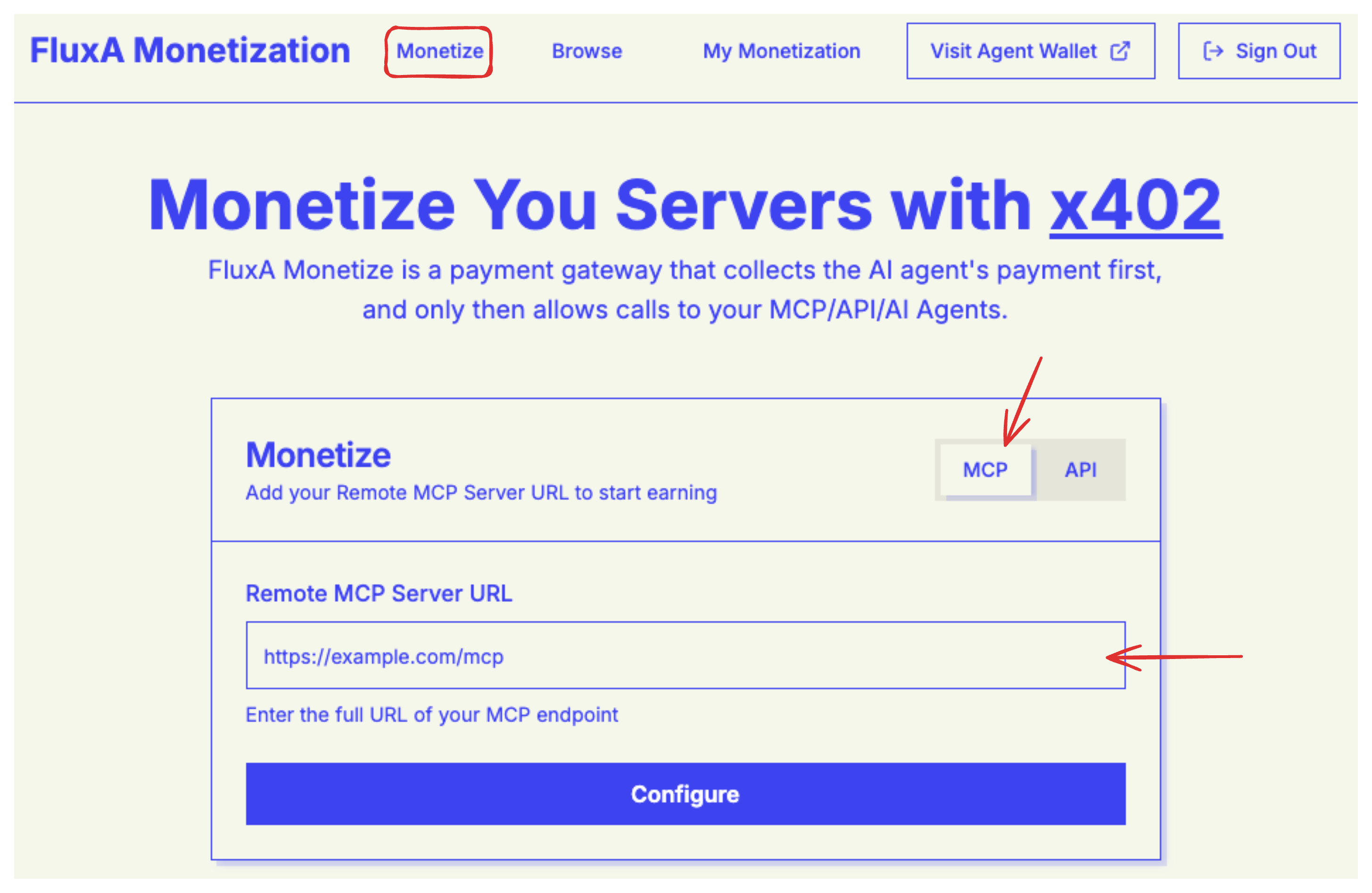 Home page with MCP server address input